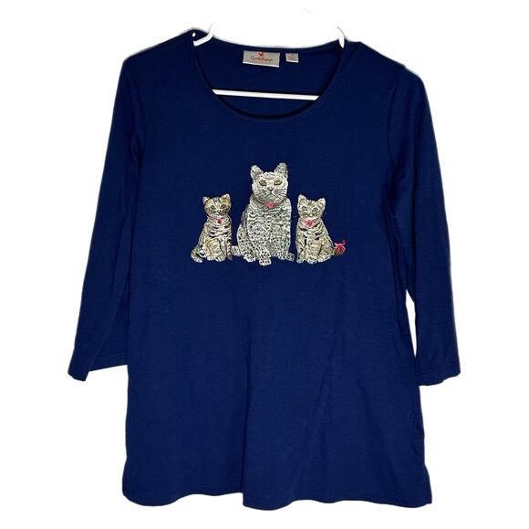 Quacker Factory Women’s Dark Blue Top with Embroidered Cats, Small, Pre-owned - Picture 2 of 6
